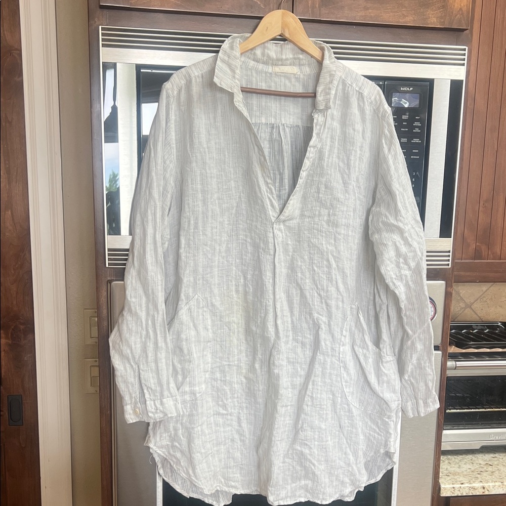 CPSHADES TETON LONG SLEEVE WHITE LINEN TUNIC TOP W/fine black pattern stitch LG